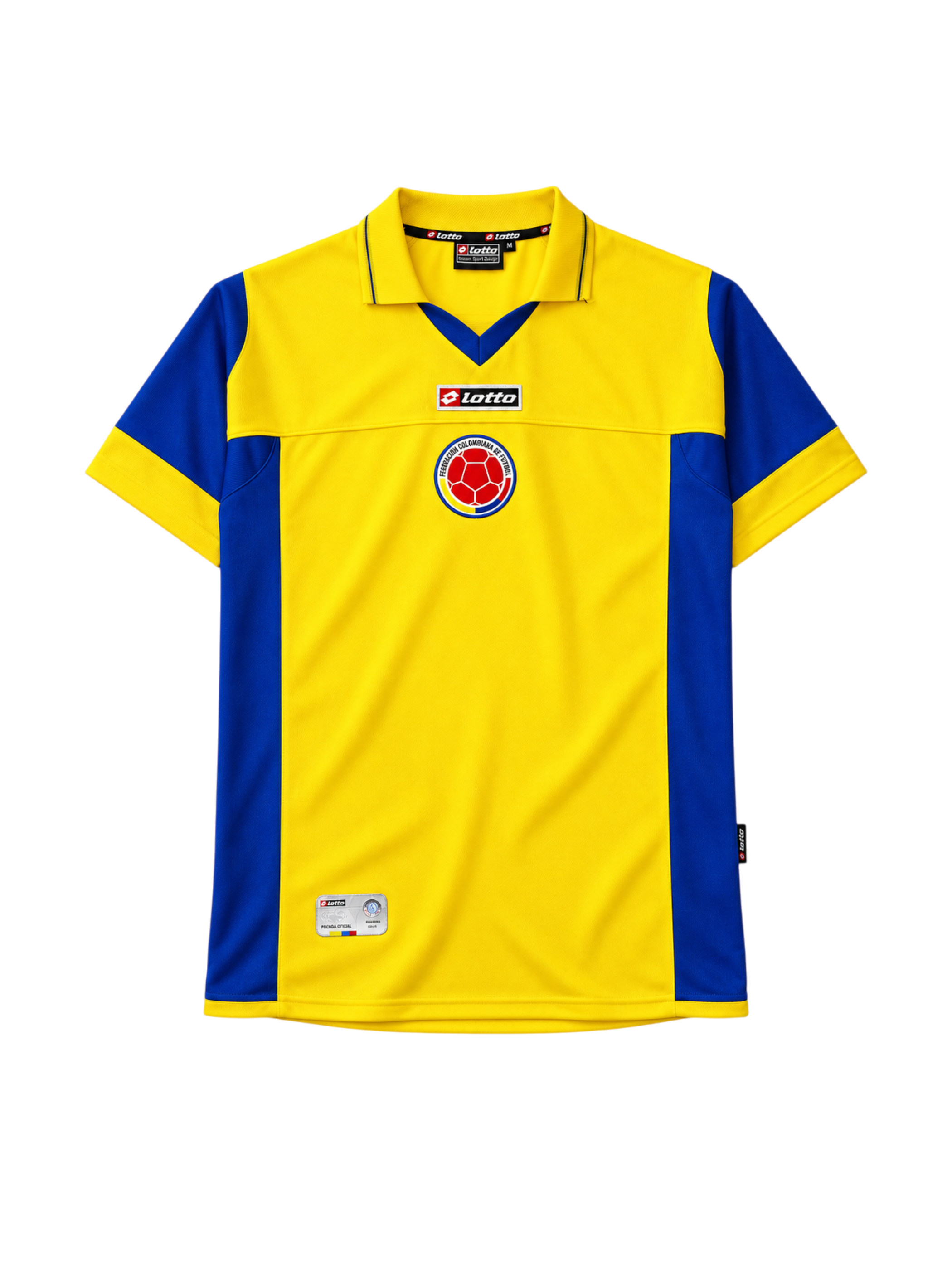 Colombia 2003-05 home jersey, front view, yellow body with blue side panels, yellow polo collar, Lotto logo, Colombian federation crest