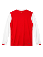 Arsenal 2006-07 long-sleeve home jersey, front view, red body with white sleeves, gold pinstripes, Nike swoosh, Fly Emirates sponsor logo, club crest, Emirates Stadium collar tag