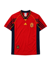 Spain 1998 World Cup home jersey, front view, red body with navy side panels, navy collar with RFEF text, adidas logo, Spanish federation crest