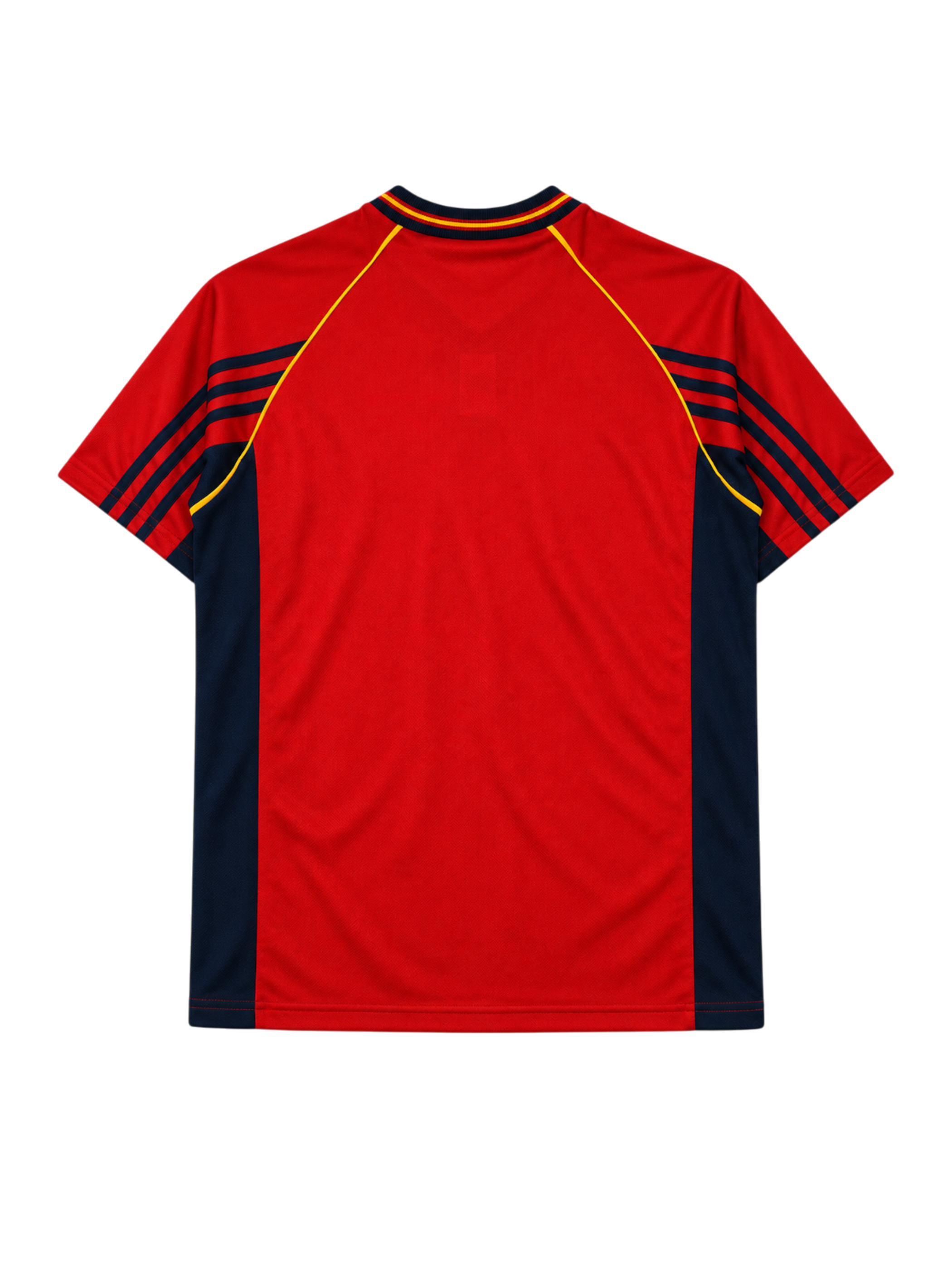 Spain 1998 World Cup home jersey, front view, red body with navy side panels, navy collar with RFEF text, adidas logo, Spanish federation crest