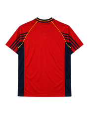 Spain 1998 World Cup home jersey, front view, red body with navy side panels, navy collar with RFEF text, adidas logo, Spanish federation crest