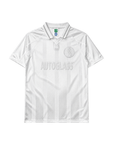 Chelsea 1998-99 whiteout away jersey, front view, all-white tonal jacquard pattern, embossed club crest, embossed Autoglass sponsor logo