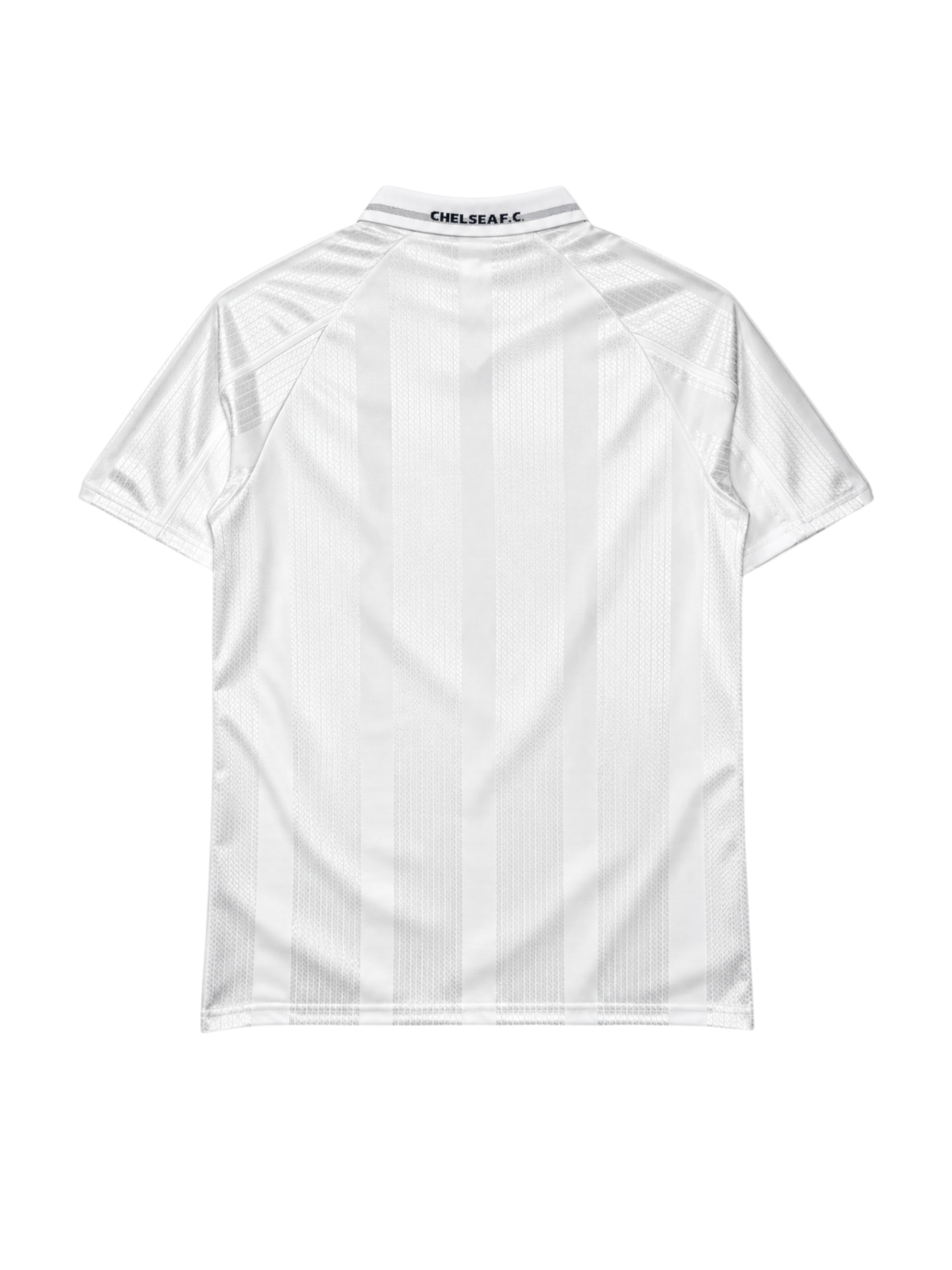 Chelsea 1998-99 whiteout away jersey, front view, all-white tonal jacquard pattern, embossed club crest, embossed Autoglass sponsor logo