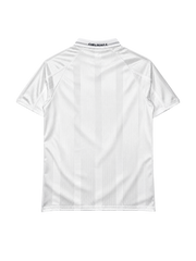 Chelsea 1998-99 whiteout away jersey, front view, all-white tonal jacquard pattern, embossed club crest, embossed Autoglass sponsor logo