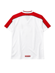 Liverpool 1998-99 away jersey, front view, white body with red shoulder panels, Reebok logo, Carlsberg sponsor logo, oval club crest