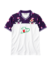 Fiorentina 1992-93 away jersey, front view, white body with purple geometric shoulder pattern, Lotto logo, 7Up sponsor logo, diamond club crest