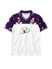 Fiorentina 1992-93 away jersey, front view, white body with purple geometric shoulder pattern, Lotto logo, 7Up sponsor logo, diamond club crest