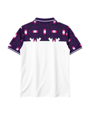 Fiorentina 1992-93 away jersey, front view, white body with purple geometric shoulder pattern, Lotto logo, 7Up sponsor logo, diamond club crest