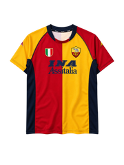 AS Roma 2001-02 home jersey, front view, split red and yellow body, navy sleeves and collar, Scudetto shield, club crest, INA Assitalia sponsor logo