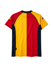 AS Roma 2001-02 home jersey, front view, split red and yellow body, navy sleeves and collar, Scudetto shield, club crest, INA Assitalia sponsor logo
