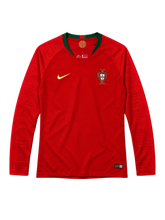 Portugal 2018 World Cup long-sleeve home jersey, front view, red body with green collar, textured shoulder pattern, Nike swoosh, Portuguese federation crest