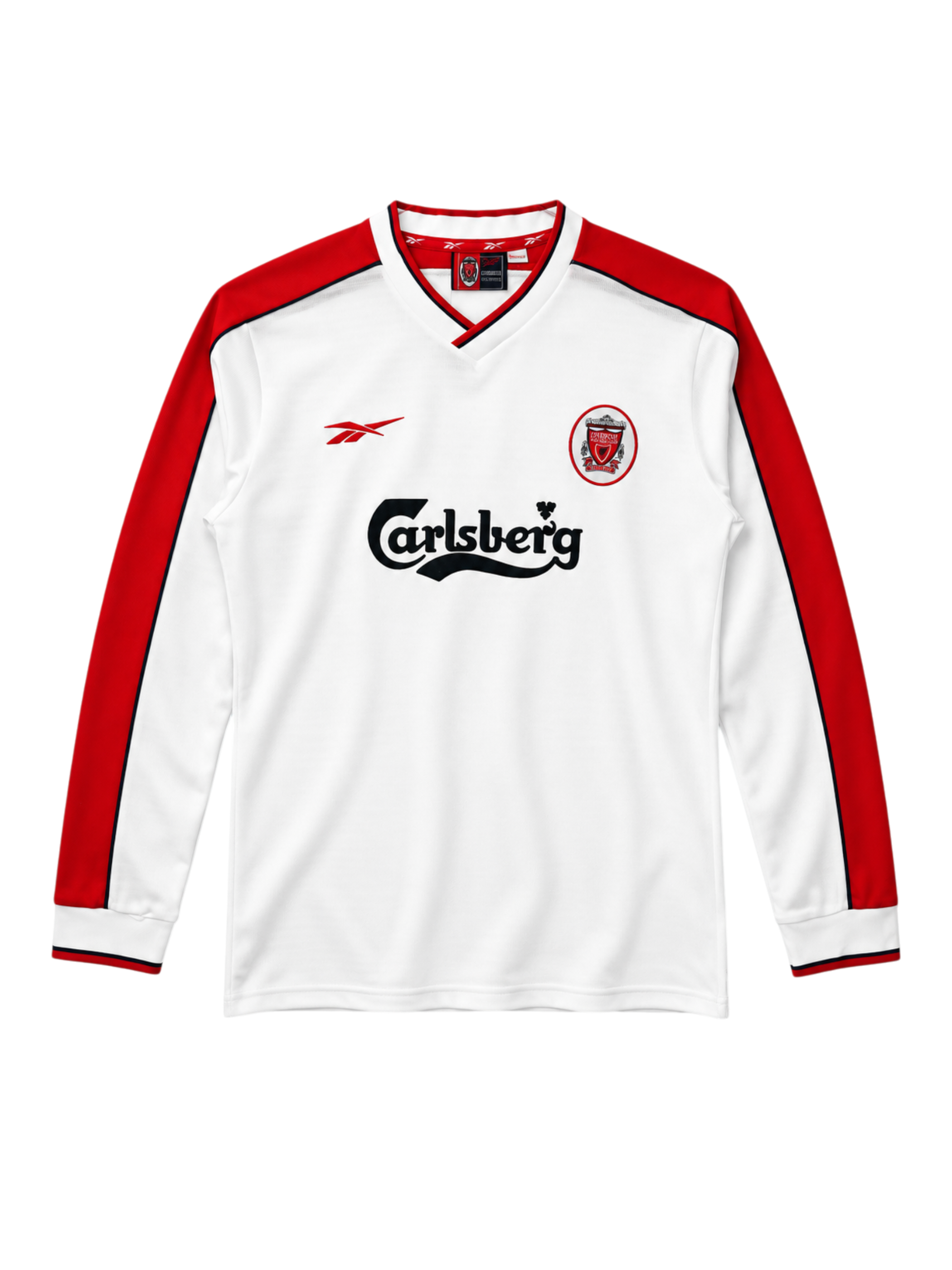 Liverpool 1998-99 long-sleeve away jersey, front view, white body with red shoulder panels, Reebok logo, Carlsberg sponsor logo, oval club crest