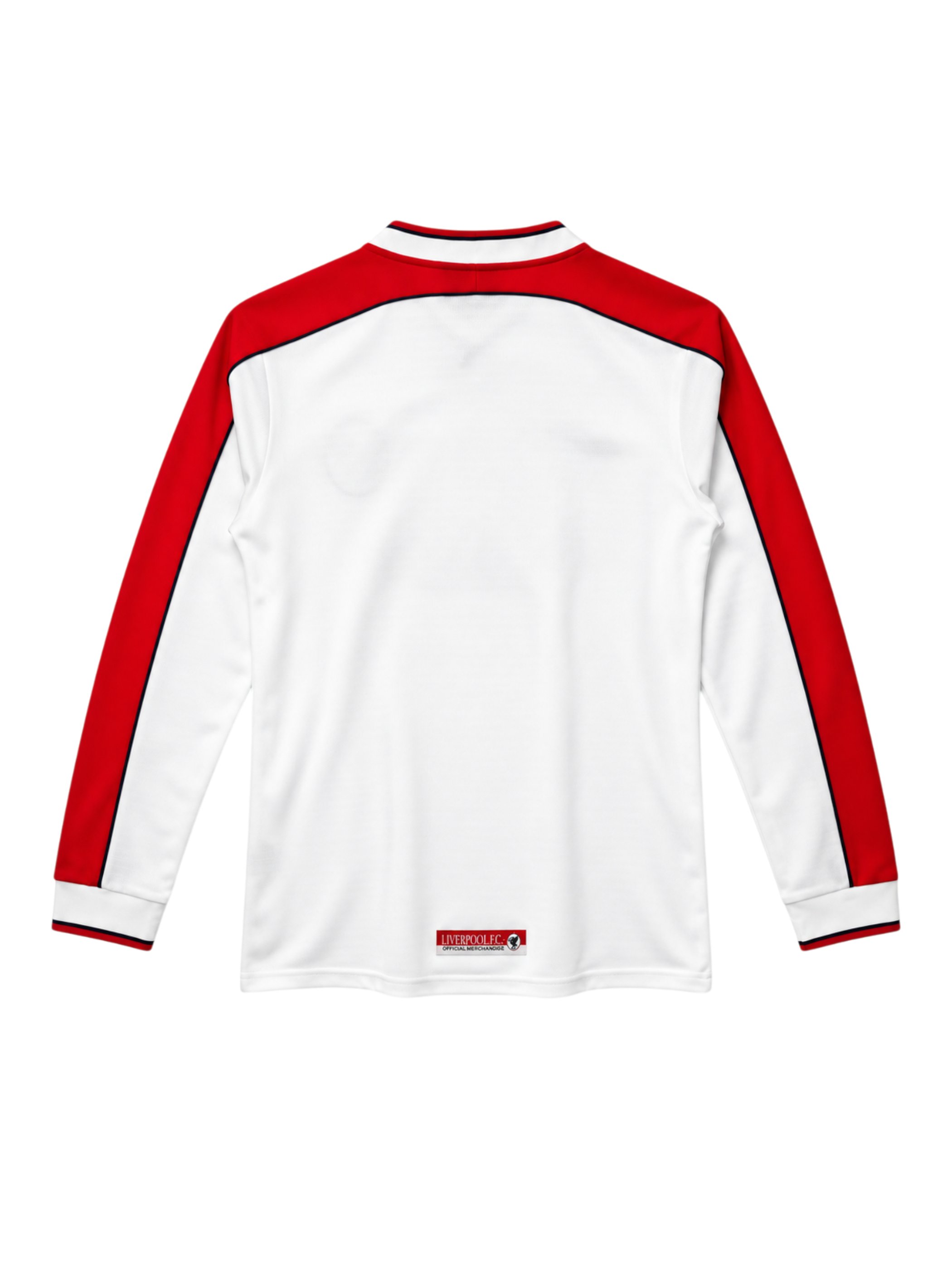 Liverpool 1998-99 long-sleeve away jersey, front view, white body with red shoulder panels, Reebok logo, Carlsberg sponsor logo, oval club crest