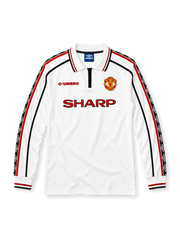 Manchester United 1998-99 long-sleeve away jersey in white with Sharp sponsor and diamond trim