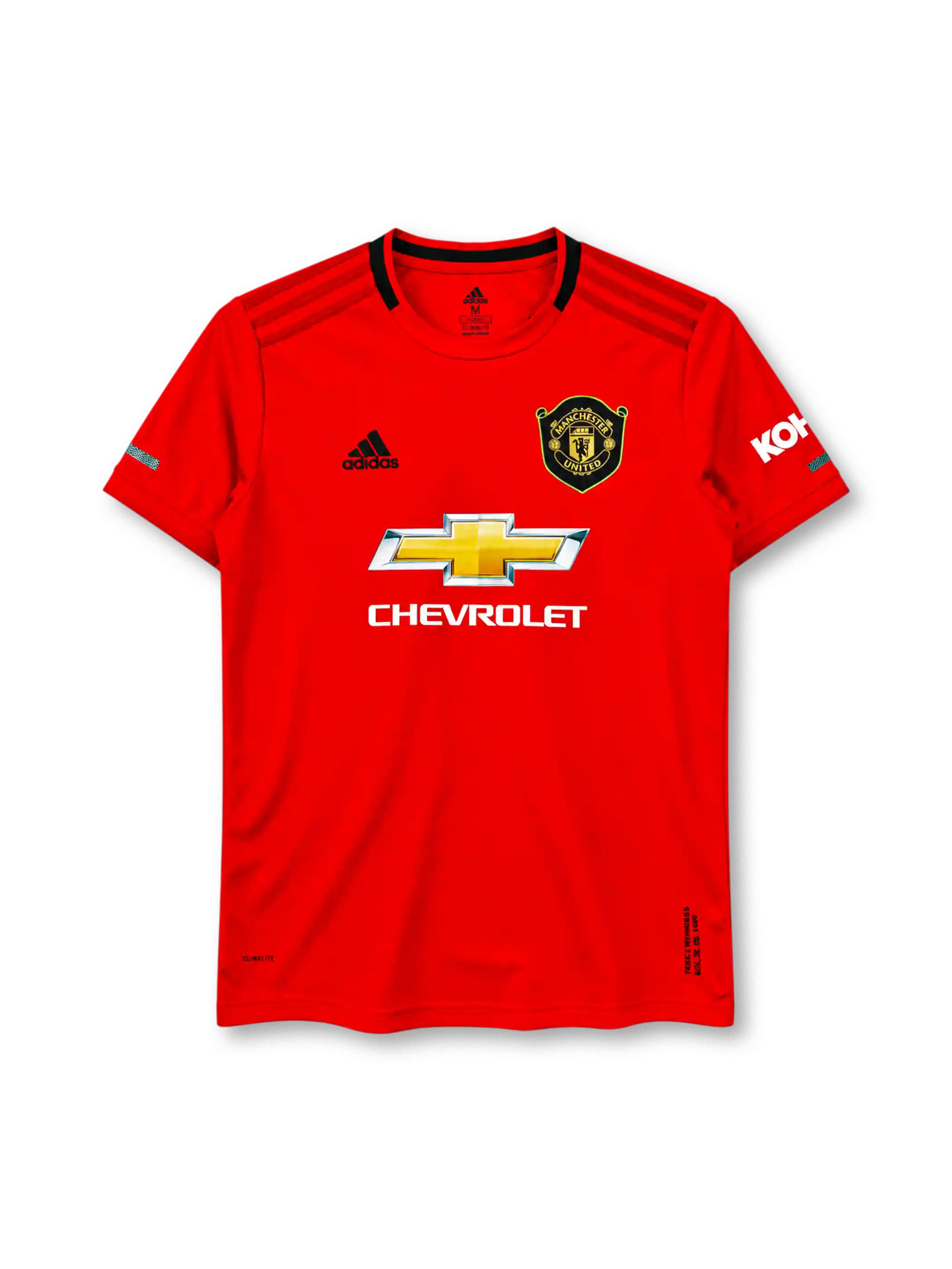 Manchester United 2019-20 home jersey in red with Chevrolet sponsor and black shoulder stripes