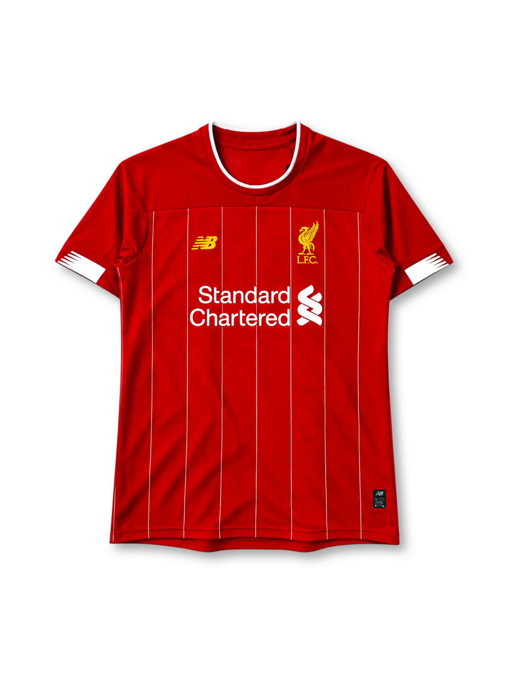 Liverpool 2019-20 home jersey in red with Standard Chartered sponsor and white pinstripes