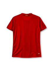 Liverpool 2019-20 home jersey in red with Standard Chartered sponsor and white pinstripes