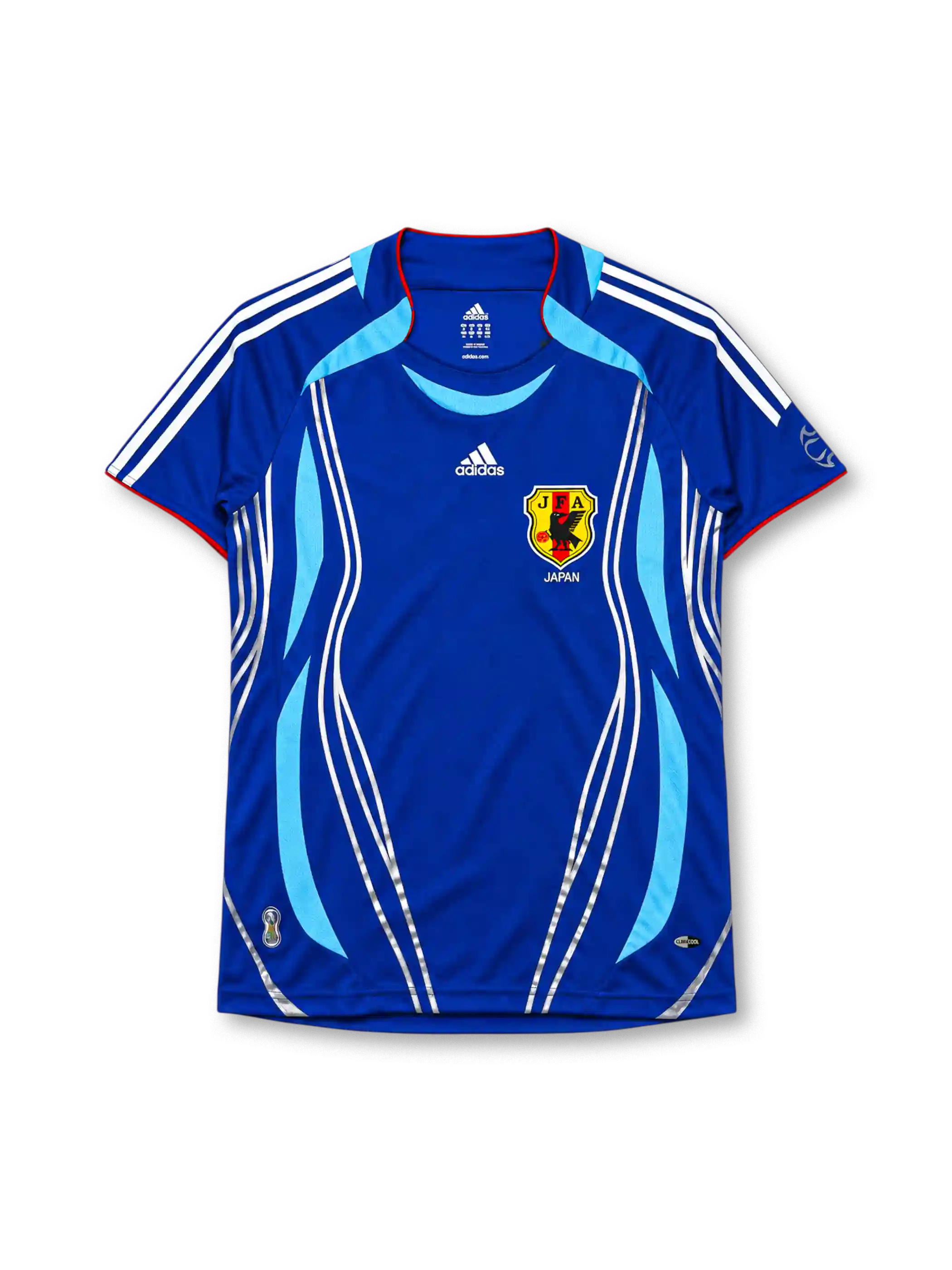 Japan 2006-07 home jersey in blue with flame graphics and JFA crest