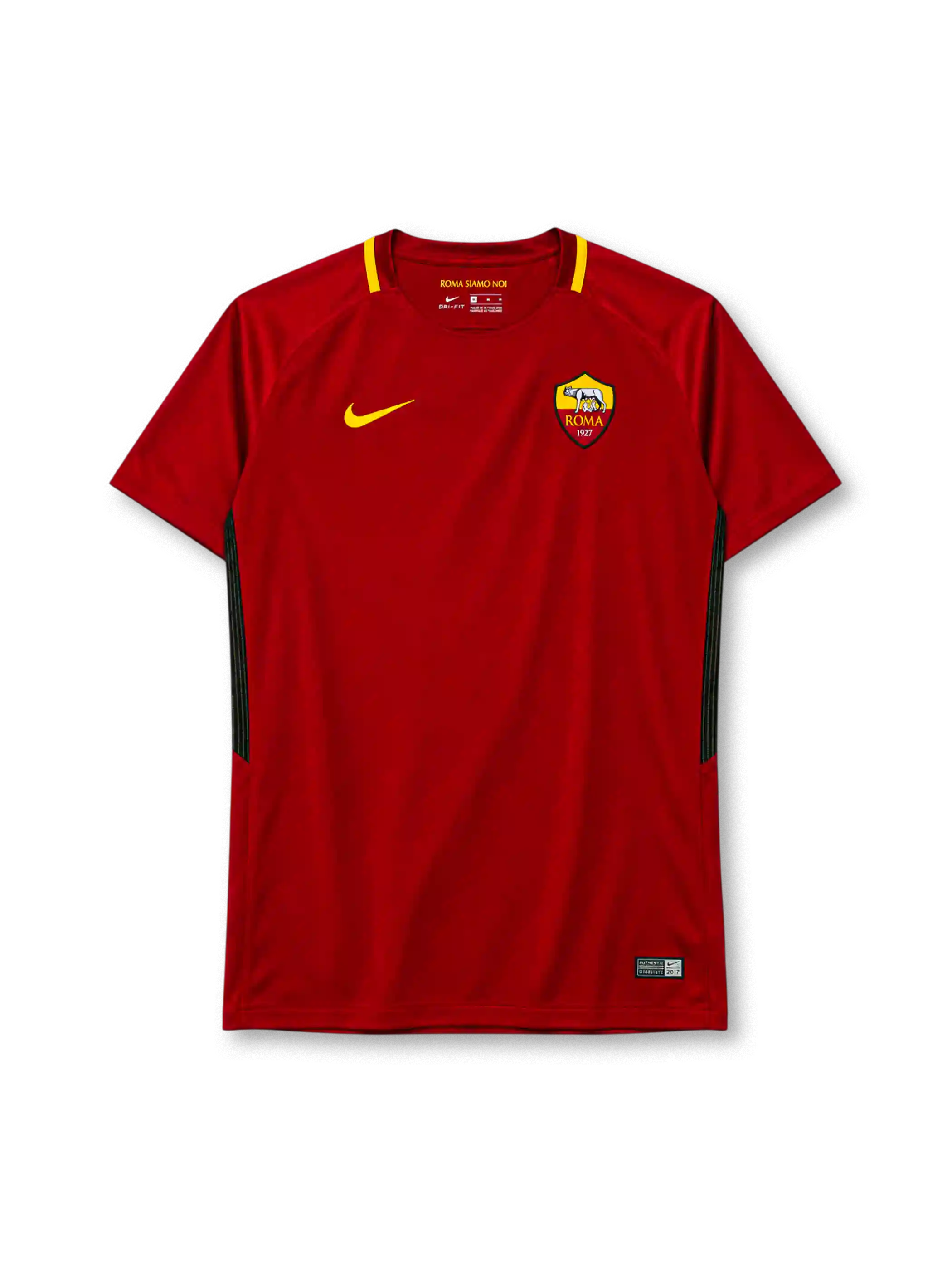 AS Roma 2017-18 home jersey in dark red with yellow trim and she-wolf crest