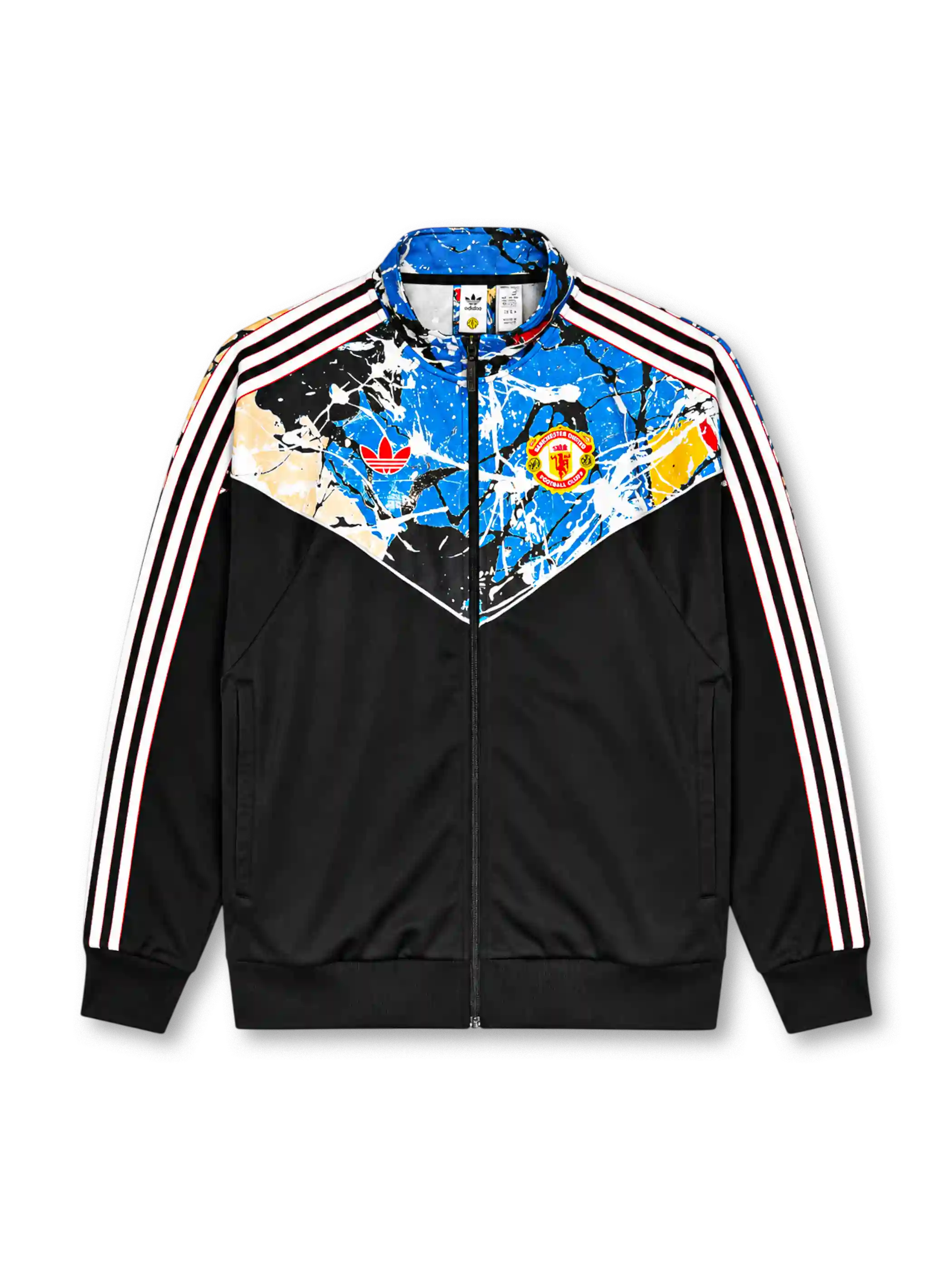 Manchester United x Stone Roses Adidas track jacket in black with paint-splatter print yoke