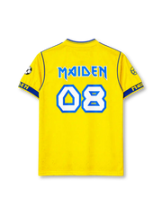 Iron Maiden football-style jersey in yellow with pharaoh Eddie graphic and blue trim