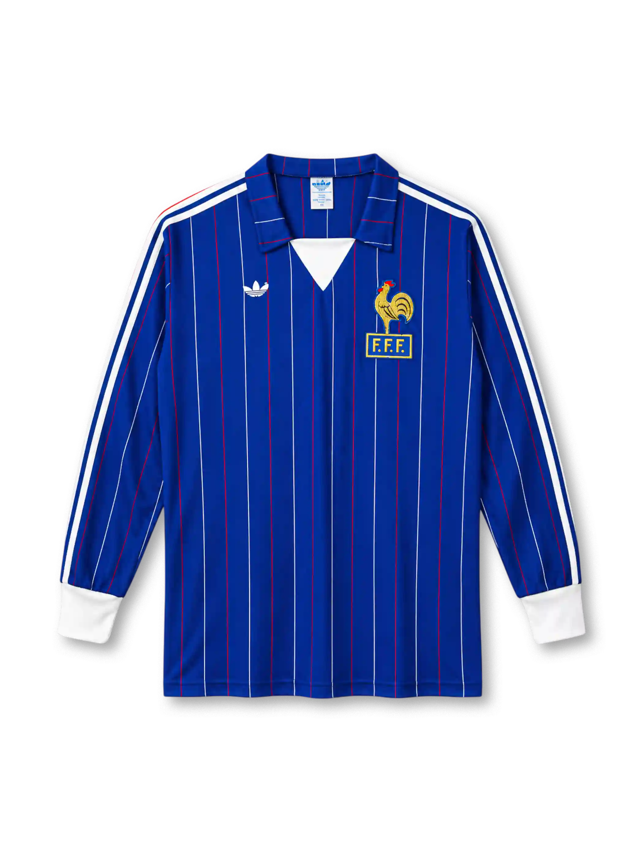 France 1980-82 long-sleeve home jersey in blue with pinstripes and FFF rooster crest