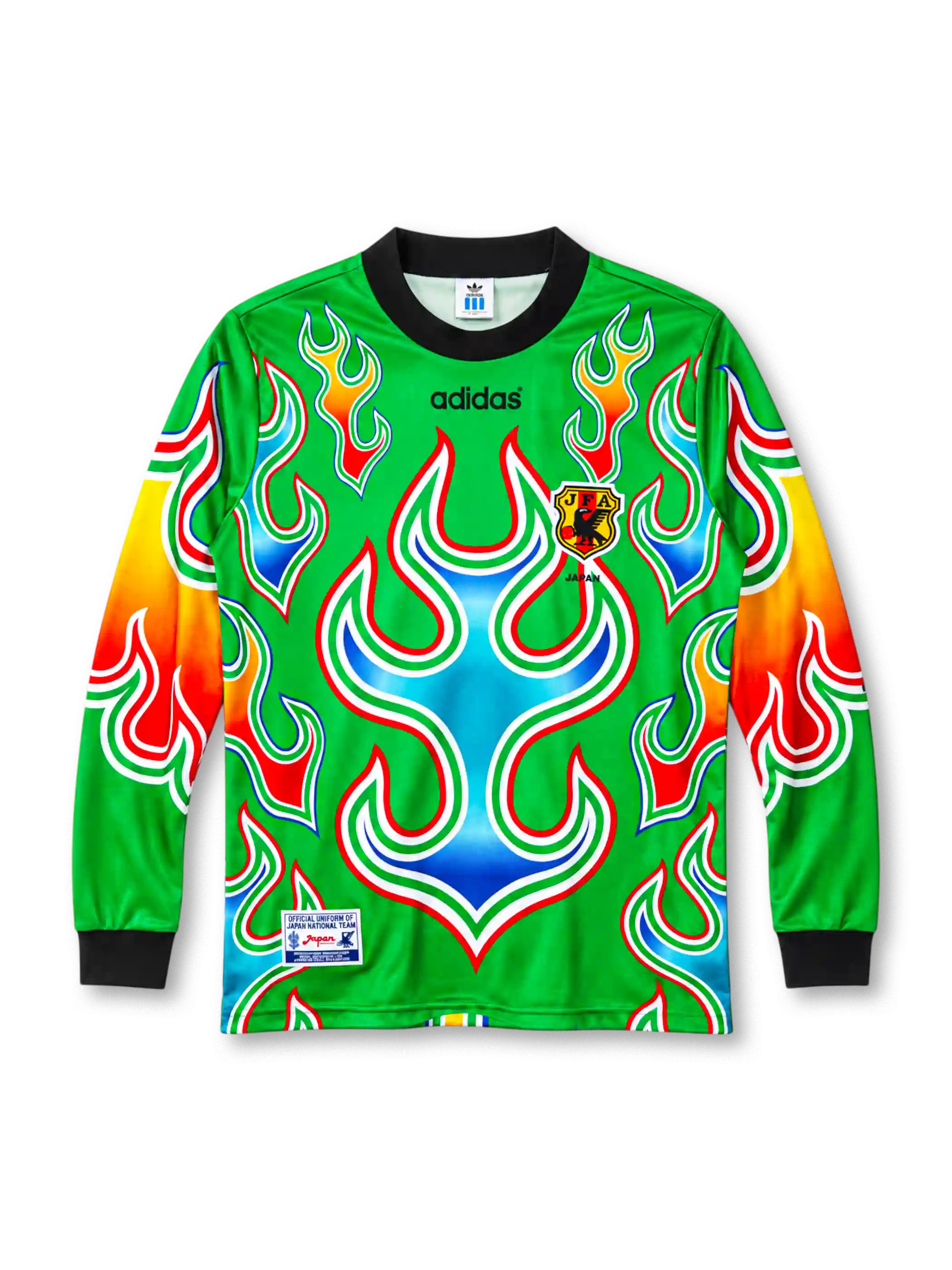 Japan 1998 goalkeeper jersey in green with flame graphic and JFA crest