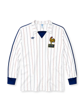 France 1980-82 long-sleeve away jersey in white with pinstripes and FFF rooster crest