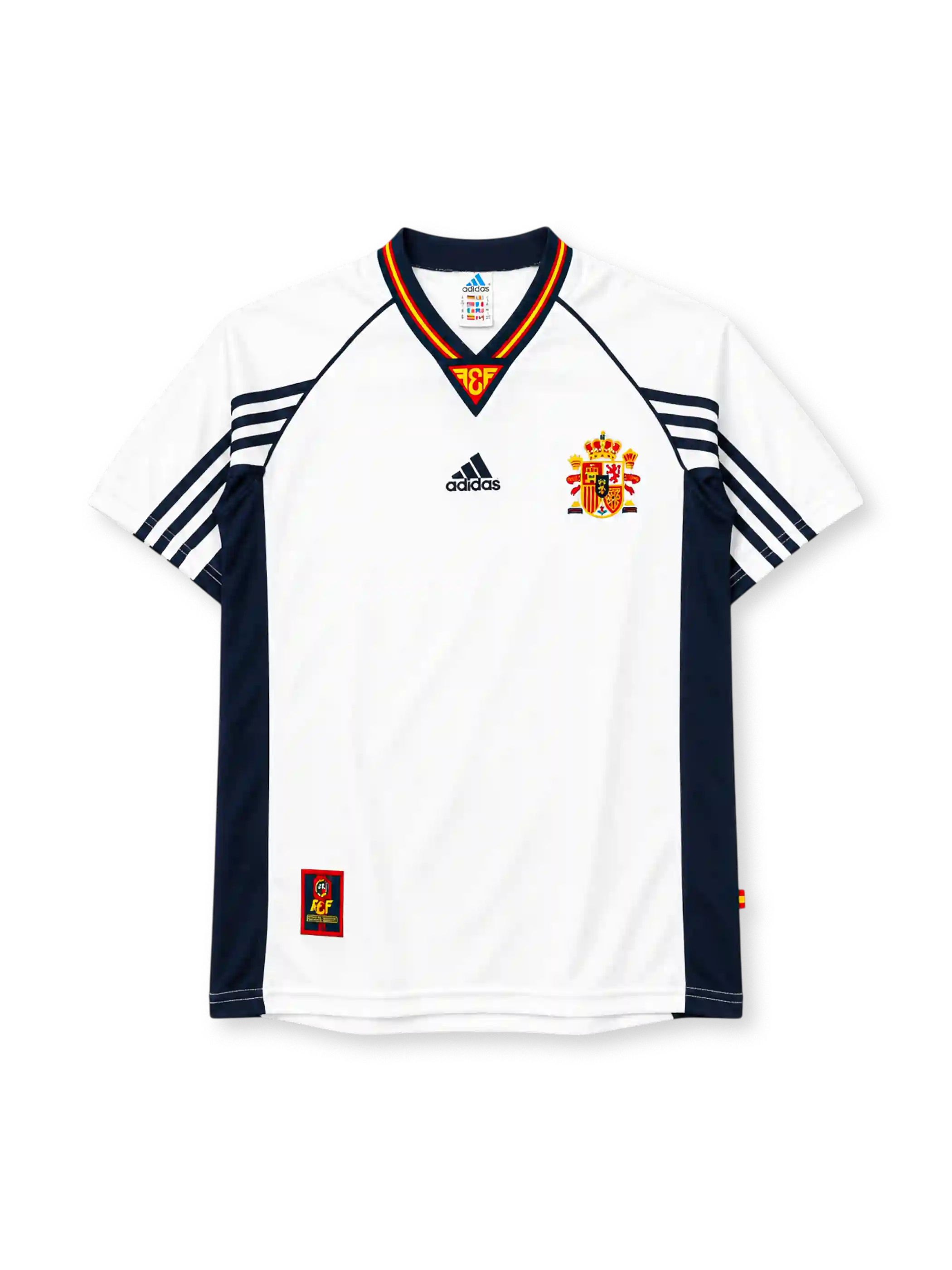 Spain 1998 away jersey in white with navy panels and Spanish federation crest