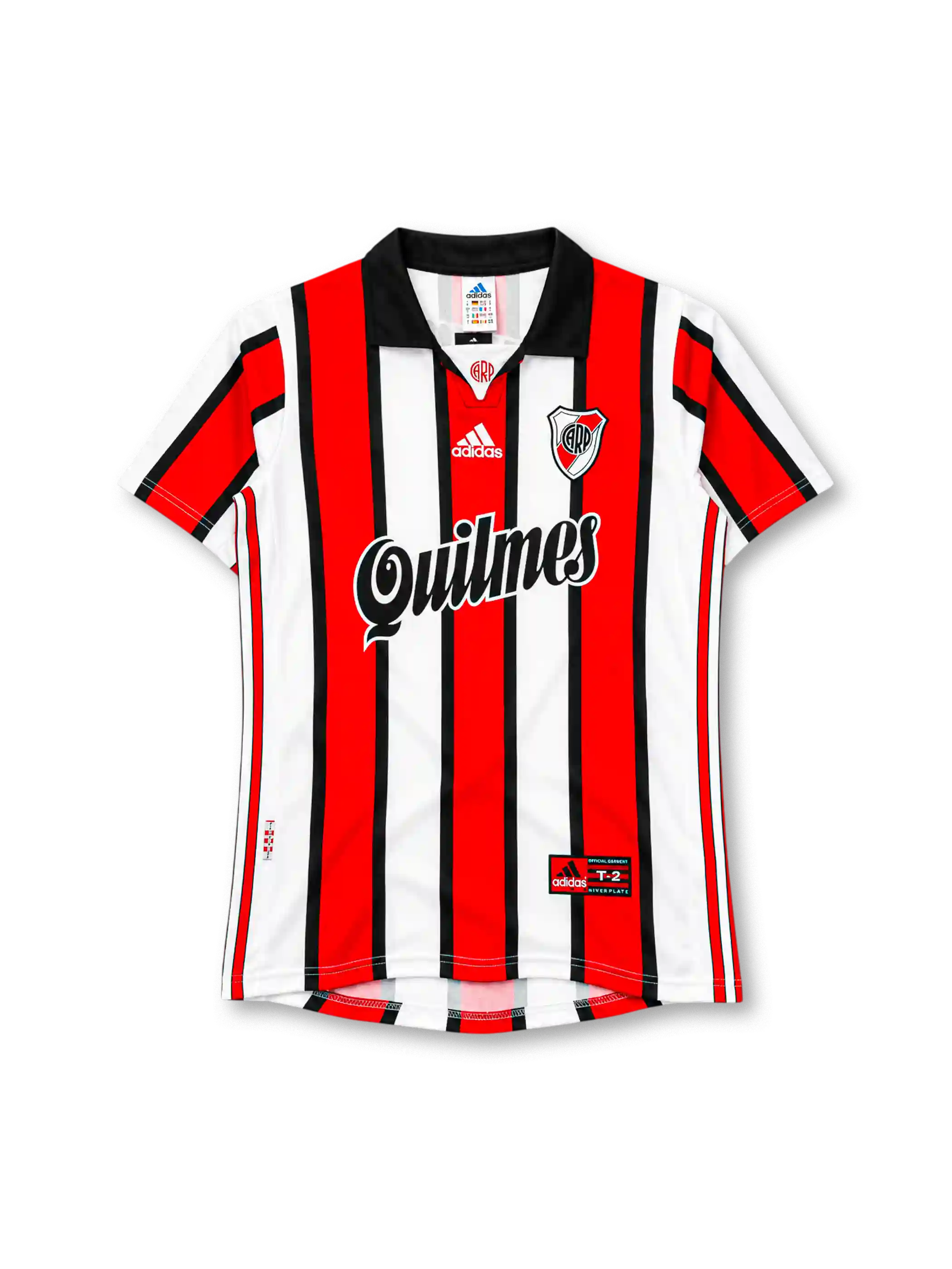 River Plate 1999-00 away jersey in red black and white stripes with Quilmes sponsor