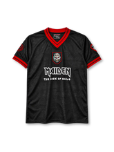 Iron Maiden football-style jersey in black with Book of Souls Eddie crest and red trim