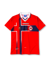 Norway 1997-98 home jersey in red with navy Nordic cross graphic