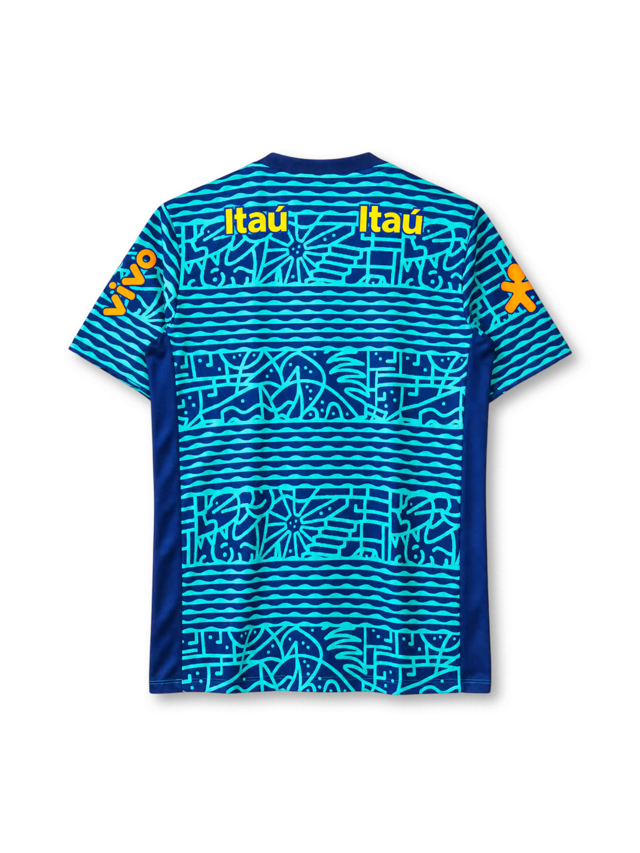 Brazil national team 2024 training top, front view, navy base with turquoise hand-drawn wave, floral and geometric graphic print, navy crew-neck collar, navy shoulder and side panels, yellow Nike swoosh, CBF crest with five stars and BRASIL text, two yellow Itaú logos on upper chest, Guaraná Antarctica logo on center chest, orange Vivo logos on both sleeves