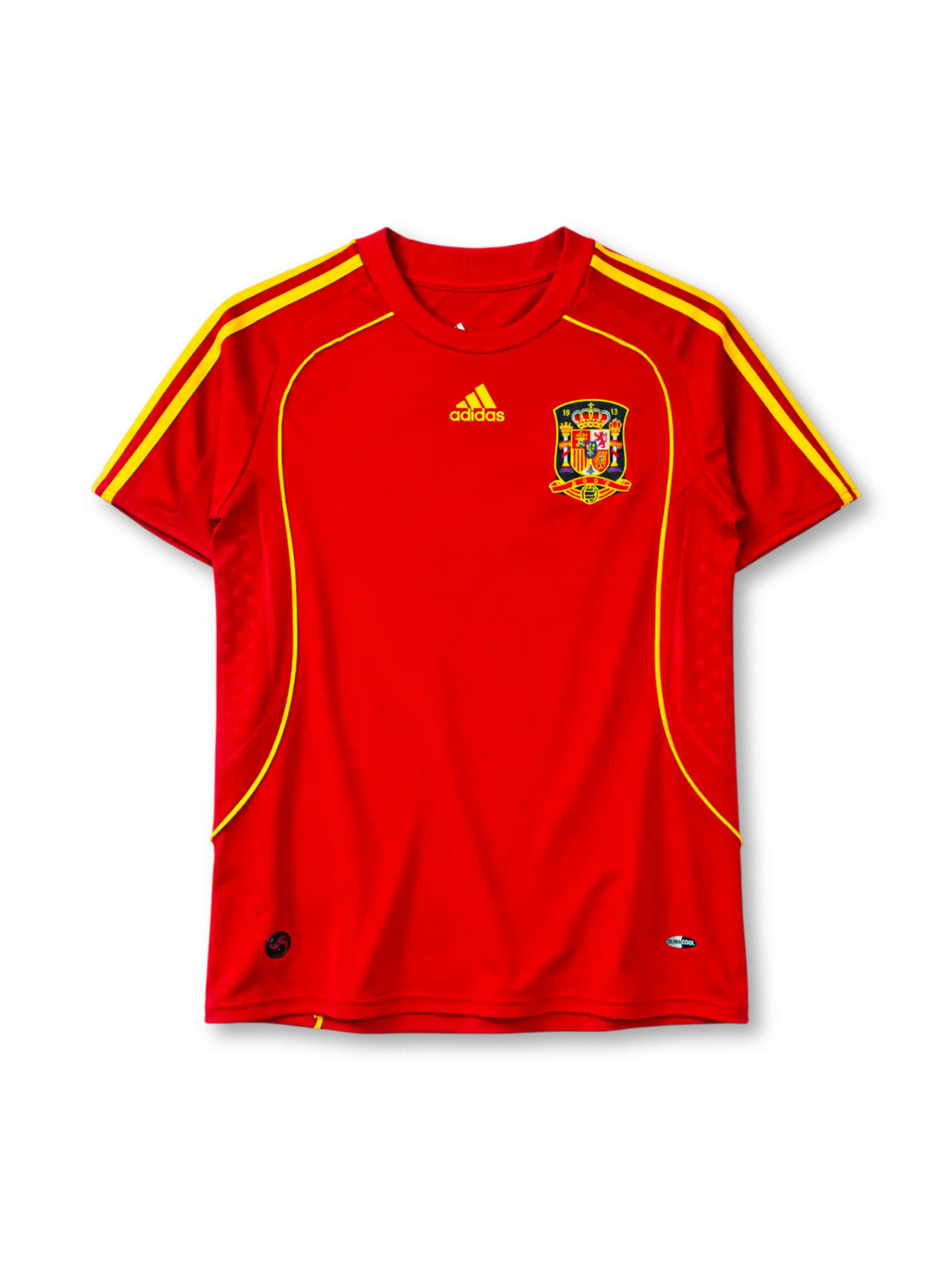 Spain 2008 home jersey in red with yellow stripe trim and Spanish federation crest