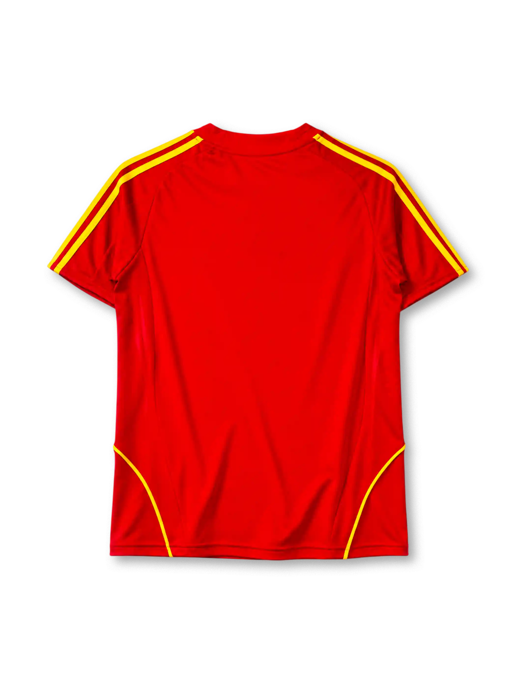 Spain 2008 home jersey in red with yellow stripe trim and Spanish federation crest