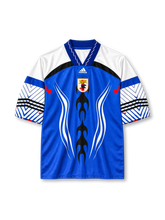 Japan retro culture knit T-shirt in blue with flame graphic and JFA crest
