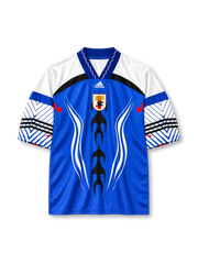 Japan retro culture knit T-shirt in blue with flame graphic and JFA crest