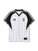 Juventus 2025 baseball jersey, front view, white body with black pinstripes, black V-neck baseball collar with white trim, full button-front placket, black raglan sleeves with three white shoulder stripes, black side panels with pink piping, adidas logo on right chest, J crest on left chest, black woven Juventus label at hem
