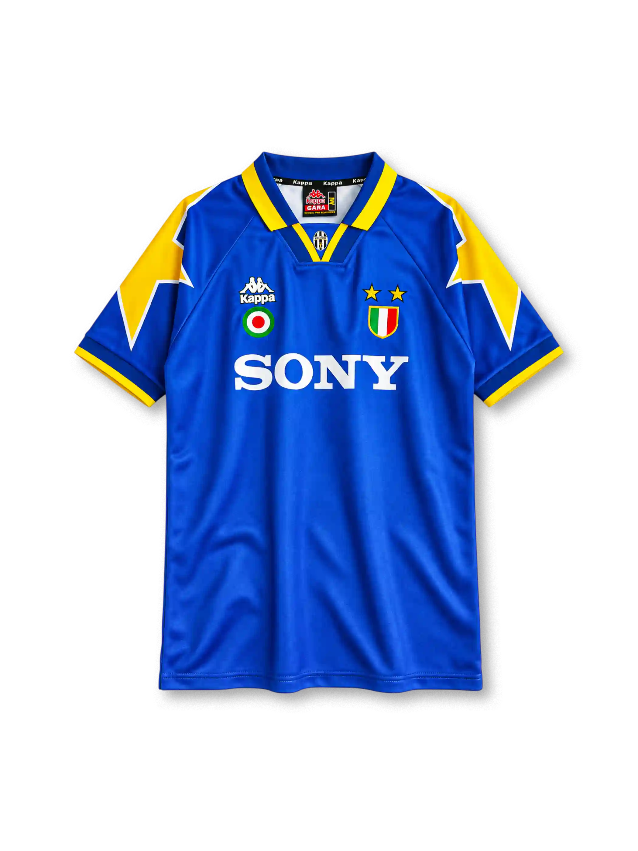 Juventus 1995-96 away jersey, front view, royal blue body, yellow star graphics on shoulders and sleeves, blue polo collar with yellow trim, small Juventus crest at collar insert, Kappa logo and Coppa Italia cockade on right chest, scudetto shield with two gold stars on left chest, white SONY sponsor logo, blue cuffs with yellow edging