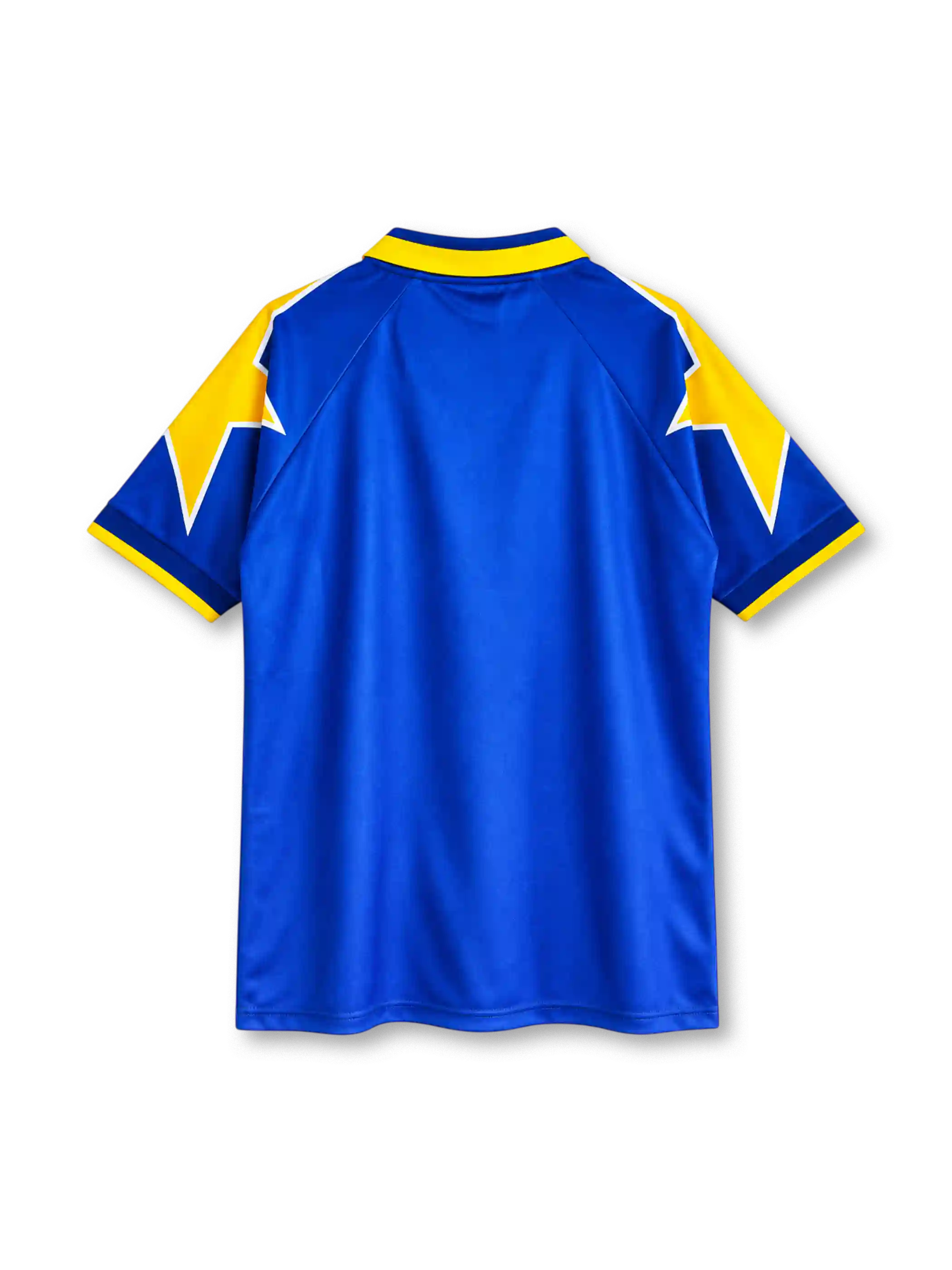 Juventus 1995-96 away jersey, front view, royal blue body, yellow star graphics on shoulders and sleeves, blue polo collar with yellow trim, small Juventus crest at collar insert, Kappa logo and Coppa Italia cockade on right chest, scudetto shield with two gold stars on left chest, white SONY sponsor logo, blue cuffs with yellow edging
