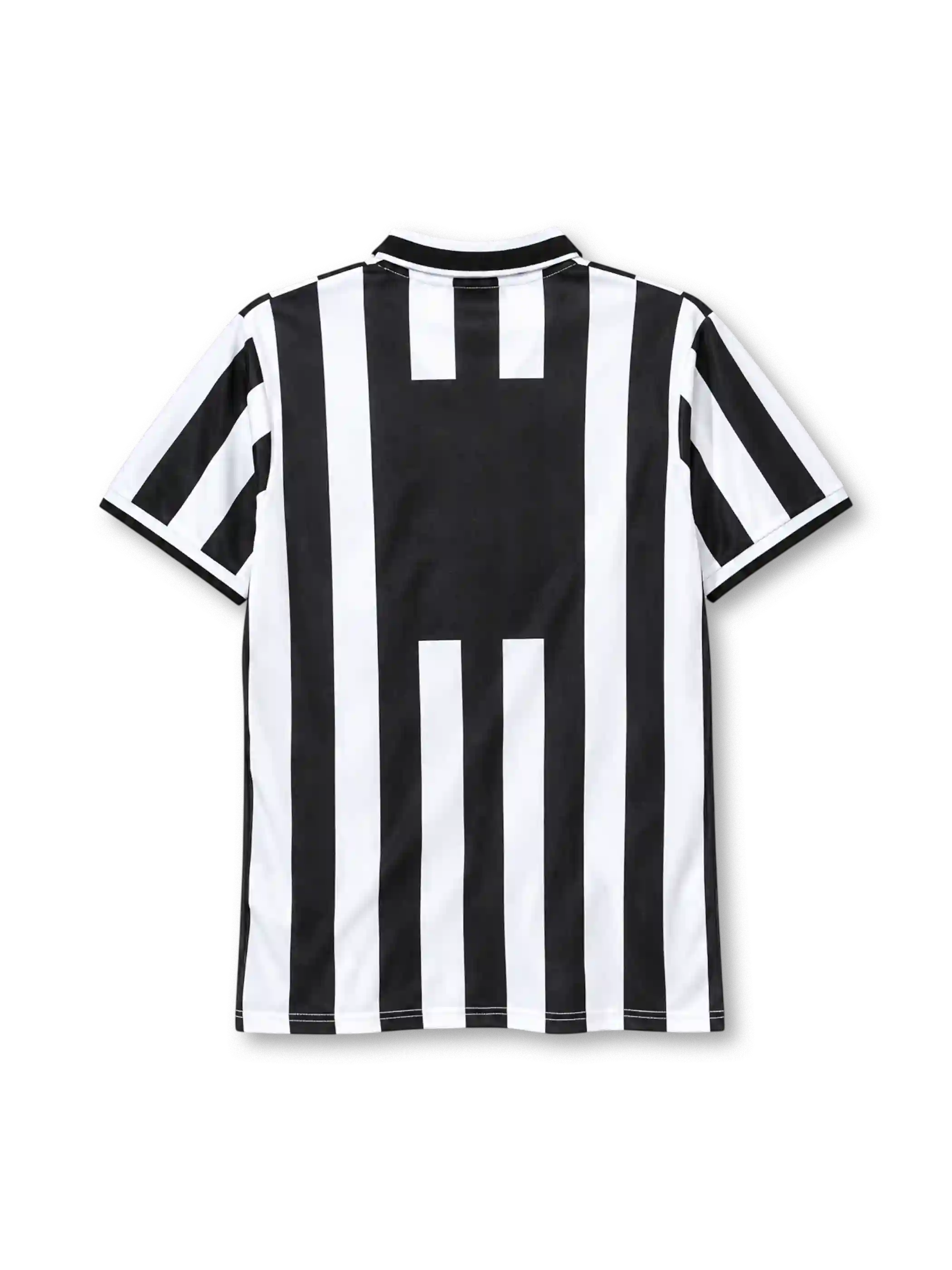 Juventus 1995-97 home jersey, front view, black and white vertical stripes, white polo collar with black tipping, small Juventus crest at collar insert, Kappa logo on right chest, two gold stars on left chest, navy SONY sponsor logo on white chest band, white cuffs with black trim