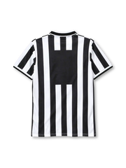 Juventus 1995-97 home jersey, front view, black and white vertical stripes, white polo collar with black tipping, small Juventus crest at collar insert, Kappa logo on right chest, two gold stars on left chest, navy SONY sponsor logo on white chest band, white cuffs with black trim