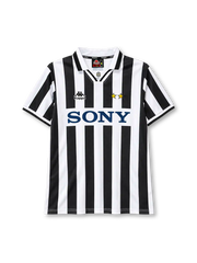 Juventus 1995-97 home jersey, front view, black and white vertical stripes, white polo collar with black tipping, small Juventus crest at collar insert, Kappa logo on right chest, two gold stars on left chest, navy SONY sponsor logo on white chest band, white cuffs with black trim