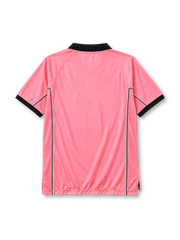 Juventus 1997-98 away jersey, front view, pink body, black polo collar with white V-notch, yellow centenary 100 emblem on collar insert, Kappa logo on right chest, two gold stars on left chest, black SONY MiniDisc sponsor logo, mesh side panels with black and white piping, black cuffs, split side vents