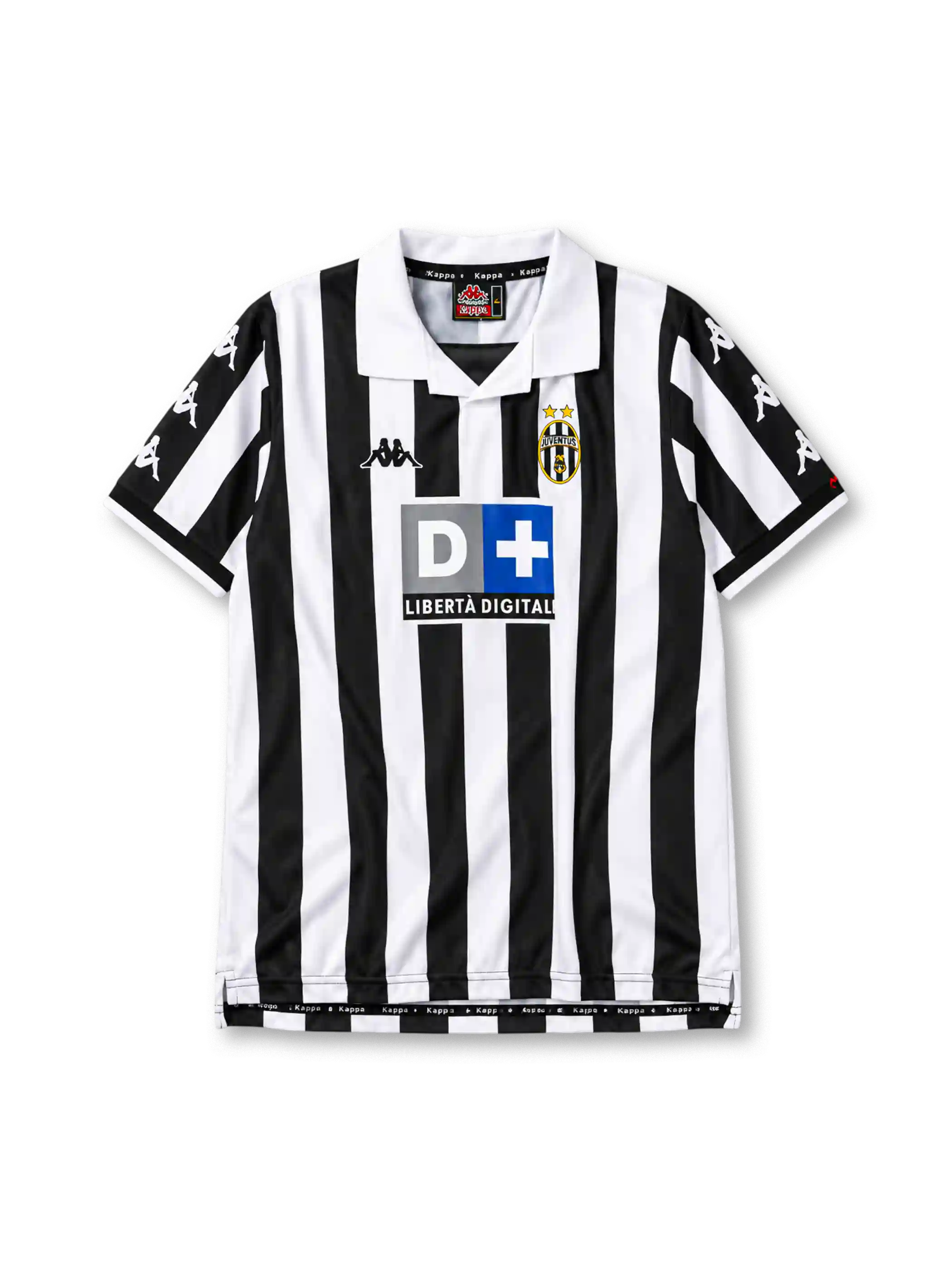 Juventus 1999-00 home jersey, front view, black and white vertical stripes, white polo collar with black V insert, repeating white Kappa logos on black sleeve panels, Kappa logo on right chest, oval Juventus crest with two gold stars on left chest, D+ Liberta Digitale sponsor logo, white cuffs with black trim, split side vents