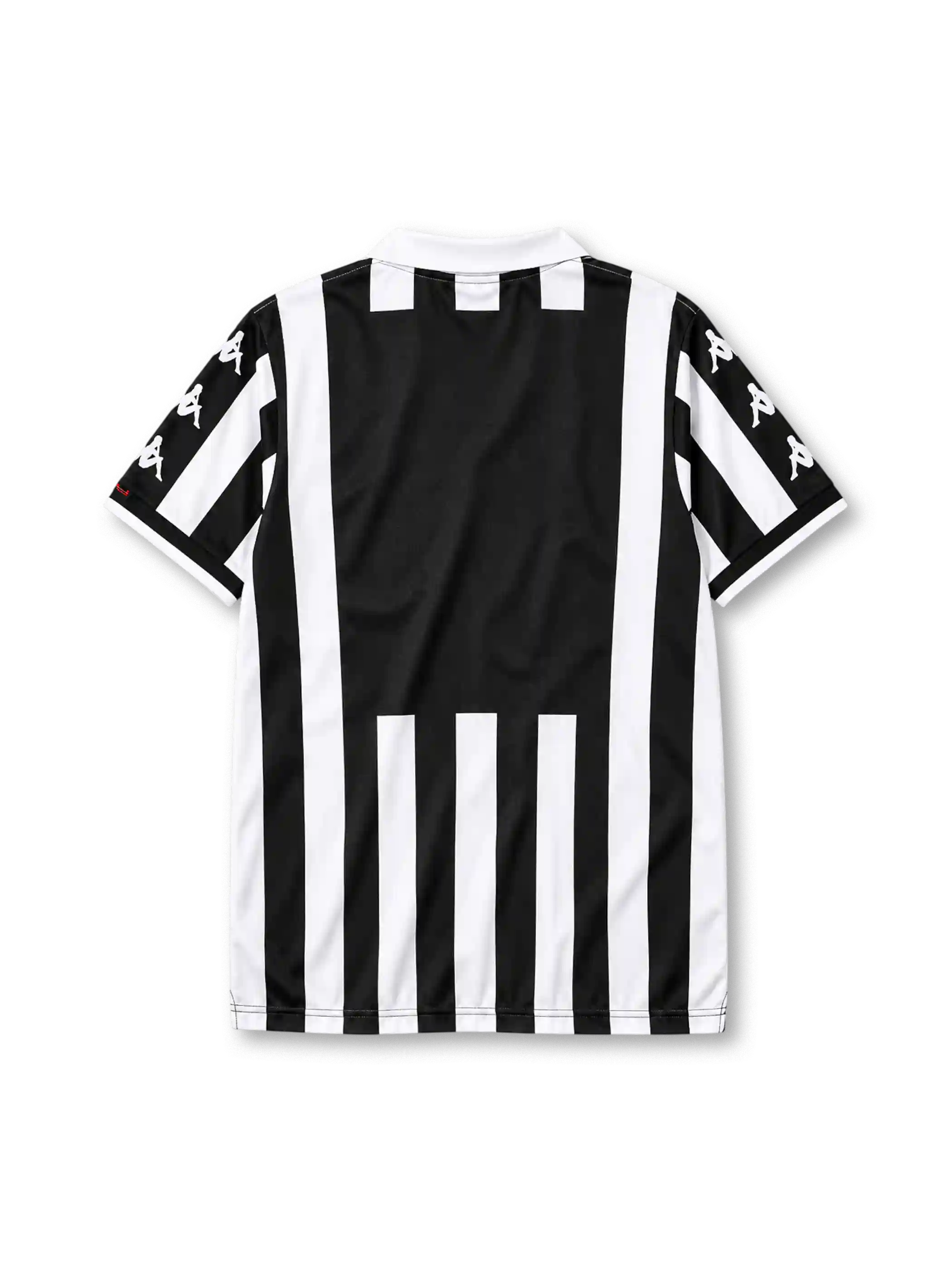 Juventus 1999-00 home jersey, front view, black and white vertical stripes, white polo collar with black V insert, repeating white Kappa logos on black sleeve panels, Kappa logo on right chest, oval Juventus crest with two gold stars on left chest, D+ Liberta Digitale sponsor logo, white cuffs with black trim, split side vents