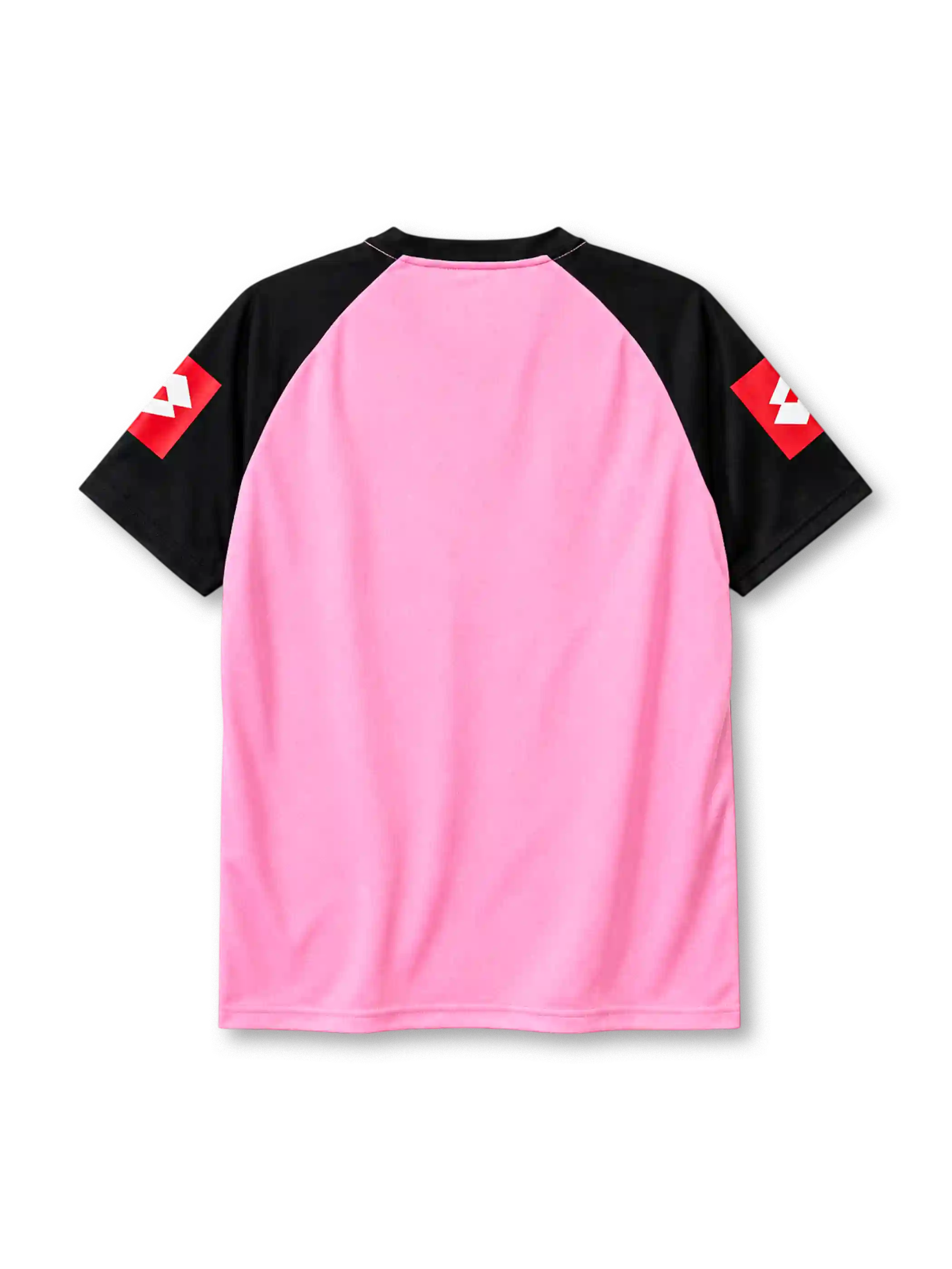 Juventus 2002-03 away jersey, front view, pink body with black raglan sleeves and side panels, black V-neck collar, grey muscle-shaped graphic panels, red Lotto logos on sleeves and centre chest, scudetto shield on right chest, oval Juventus crest with two gold stars on left chest, TAMOIL oval sponsor logo, woven authenticity tag at hem