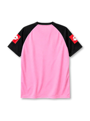 Juventus 2002-03 away jersey, front view, pink body with black raglan sleeves and side panels, black V-neck collar, grey muscle-shaped graphic panels, red Lotto logos on sleeves and centre chest, scudetto shield on right chest, oval Juventus crest with two gold stars on left chest, TAMOIL oval sponsor logo, woven authenticity tag at hem