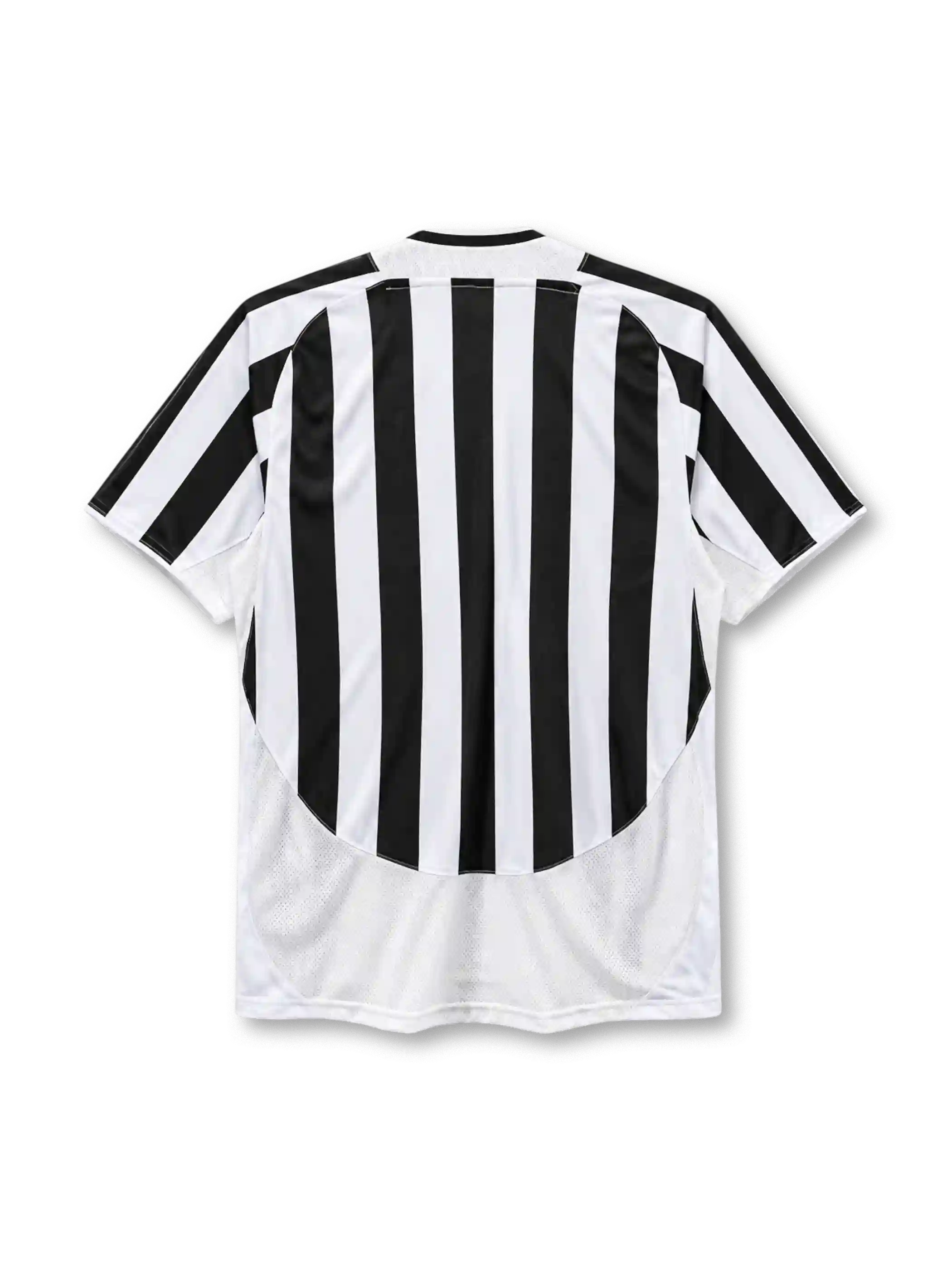 Juventus 2003-04 home jersey, front view, black and white vertical stripes, round crew neck with black and white trim, gold Nike swoosh on right chest, oval Juventus crest with two gold stars on left chest, yellow FASTWEB sponsor logo on black band, plain white lower body panel, white cuffs