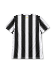 Juventus 2011-12 home jersey, front view, black and white vertical stripes with halftone edges, white crew neck collar, gold Nike swoosh on right chest, oval Juventus crest with two gold stars on left chest, BETCLIC sponsor logo on white panel, DRI-FIT print and Nike Authentic tag at hem